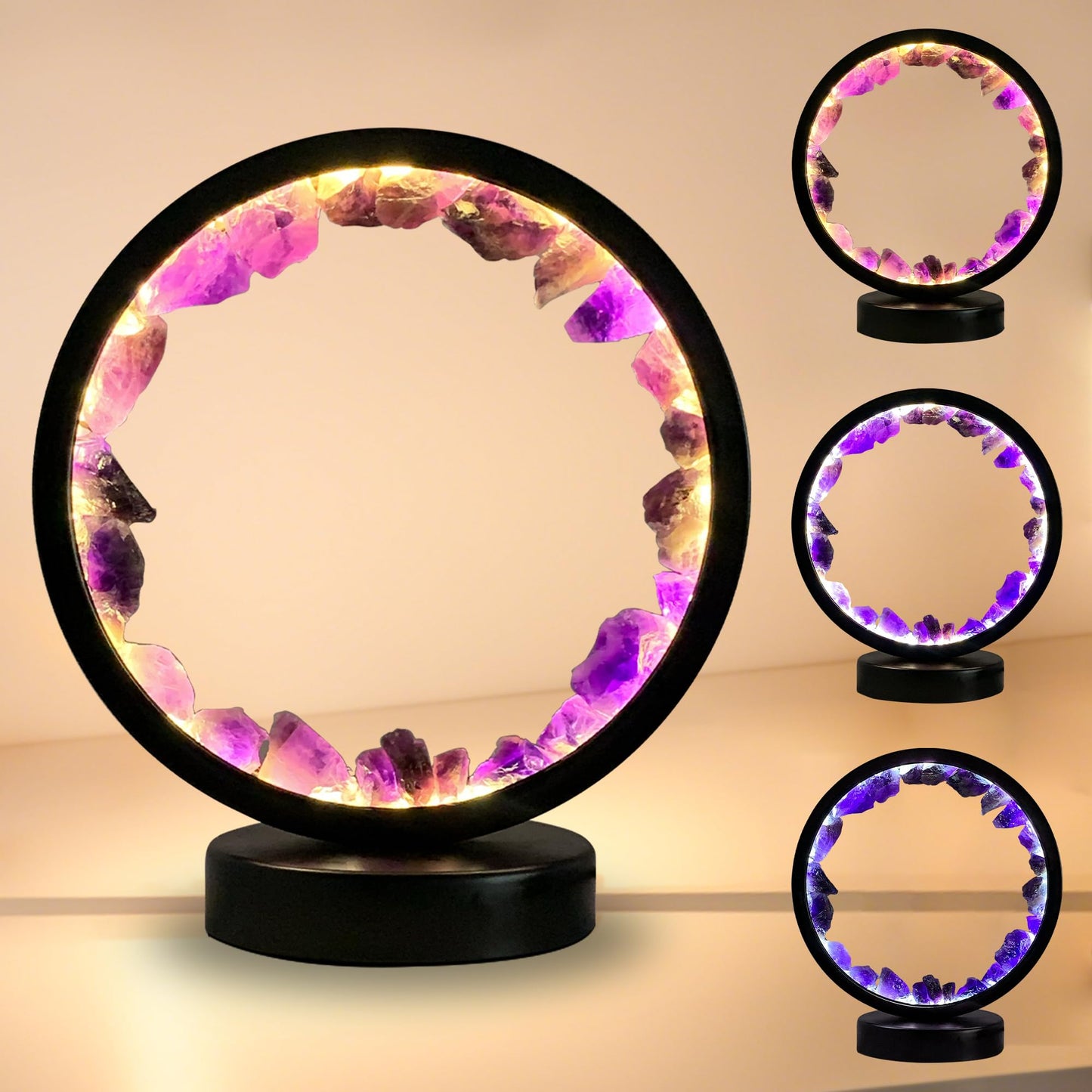 Crystals Night Light Amethyst Table Lamp,Natural Raw Amethyst Selenite Calming Lamps Crystal Healing Stone Bedside Light with 3 Color Dimming Mode,Nightlight for Office Mother's Day Birthday Gifts