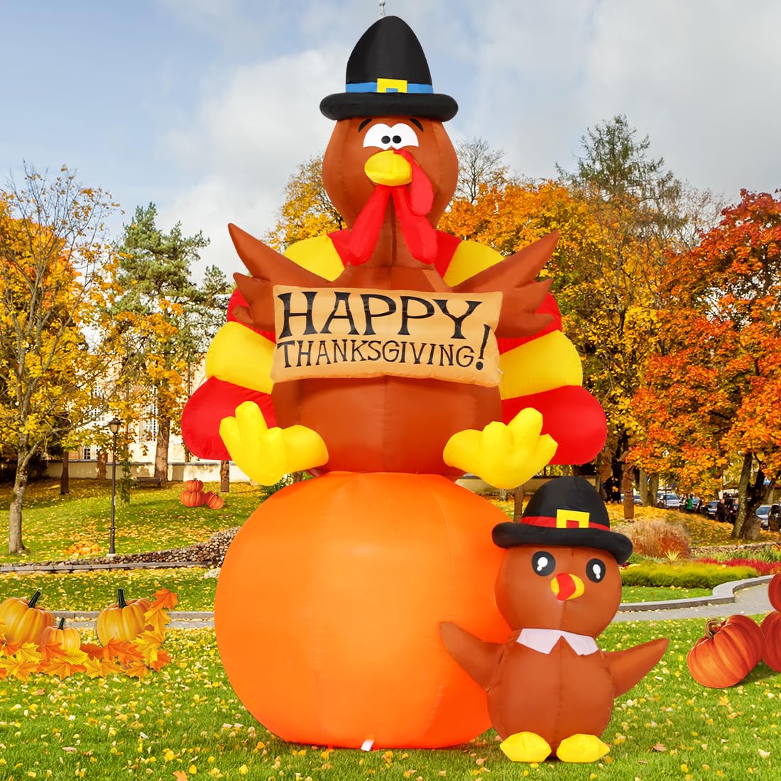 GOOSH 6 FT Thanksgiving Inflatables Turkey Outdoor Decorations Blow Up Yard Turkey on Pumpkin with Turkey Baby with Built-in LEDs for Indoor Party Garden Lawn Decor
