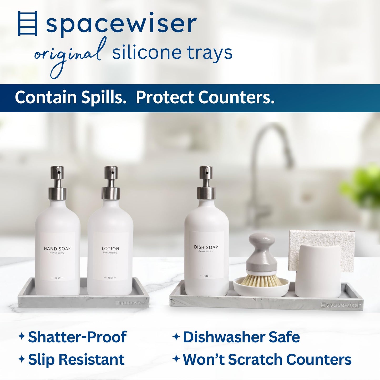 Spacewiser Countertop and Vanity Tray - 2 PC (11” and 7”) Shatterproof Silicone Kitchen and Bathroom Trays for Counter, Kitchen Soap Dispenser Tray, Vanity Trays for Bathroom, Perfume Key Tray