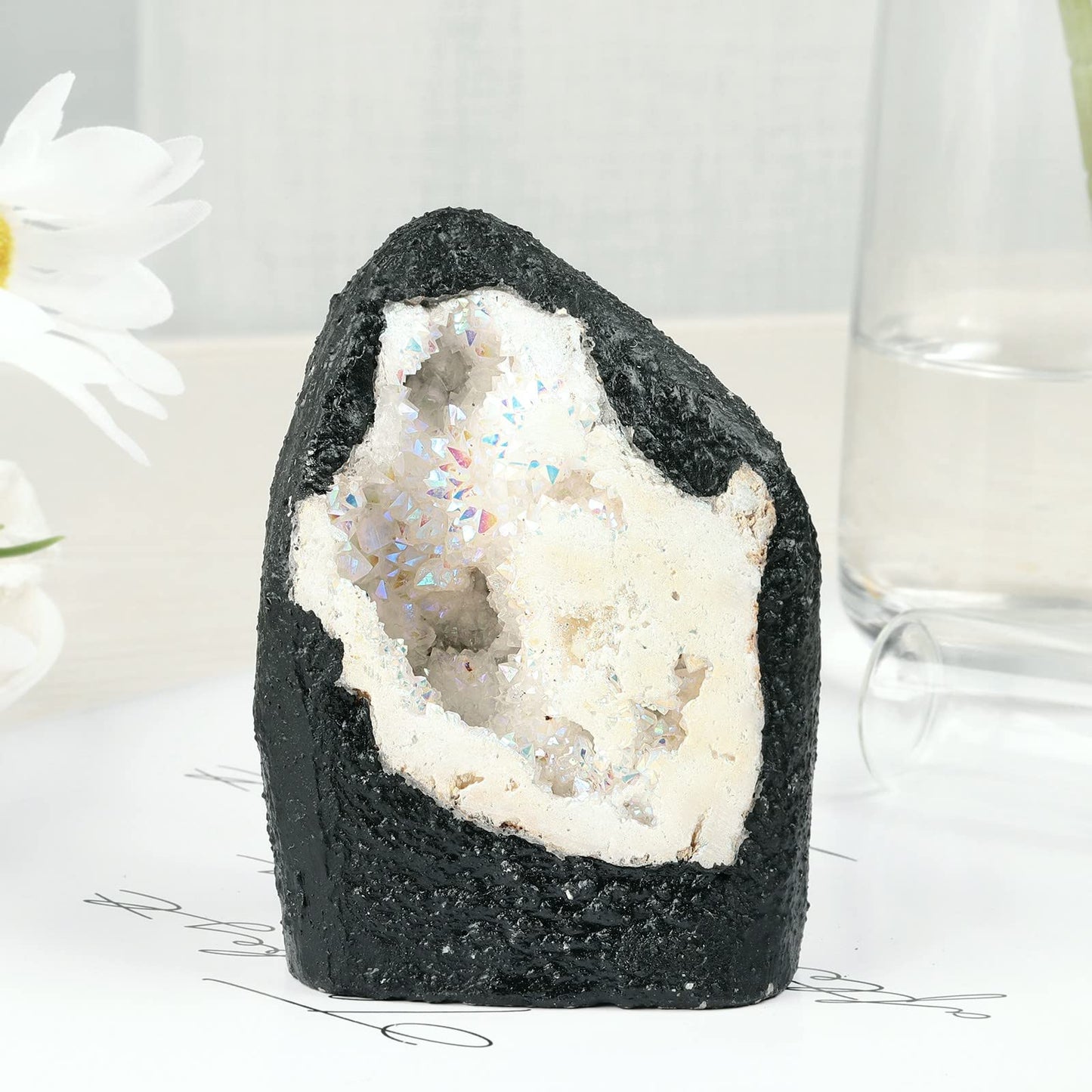 Nupuyai Irregular Titanium Coated Quartz Crystal Geode Cluster Natural Reiki Rock Crystal Mineral Specimen for Home Decor/Meditation, White AB Crystal