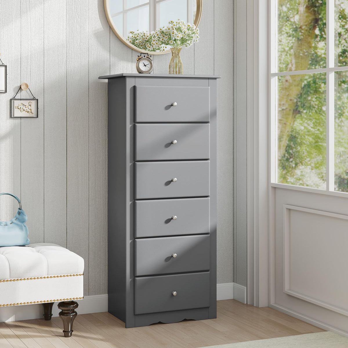 Giantex 6-Drawer Dresser for Bedroom, Wooden Chest of Drawers w/Metal Handles & Large Capacity, 16" D x 23" W x 53.5" H Clothes Organizer, Modern Tall Dresser for Bedroom, Entryway, Living Room