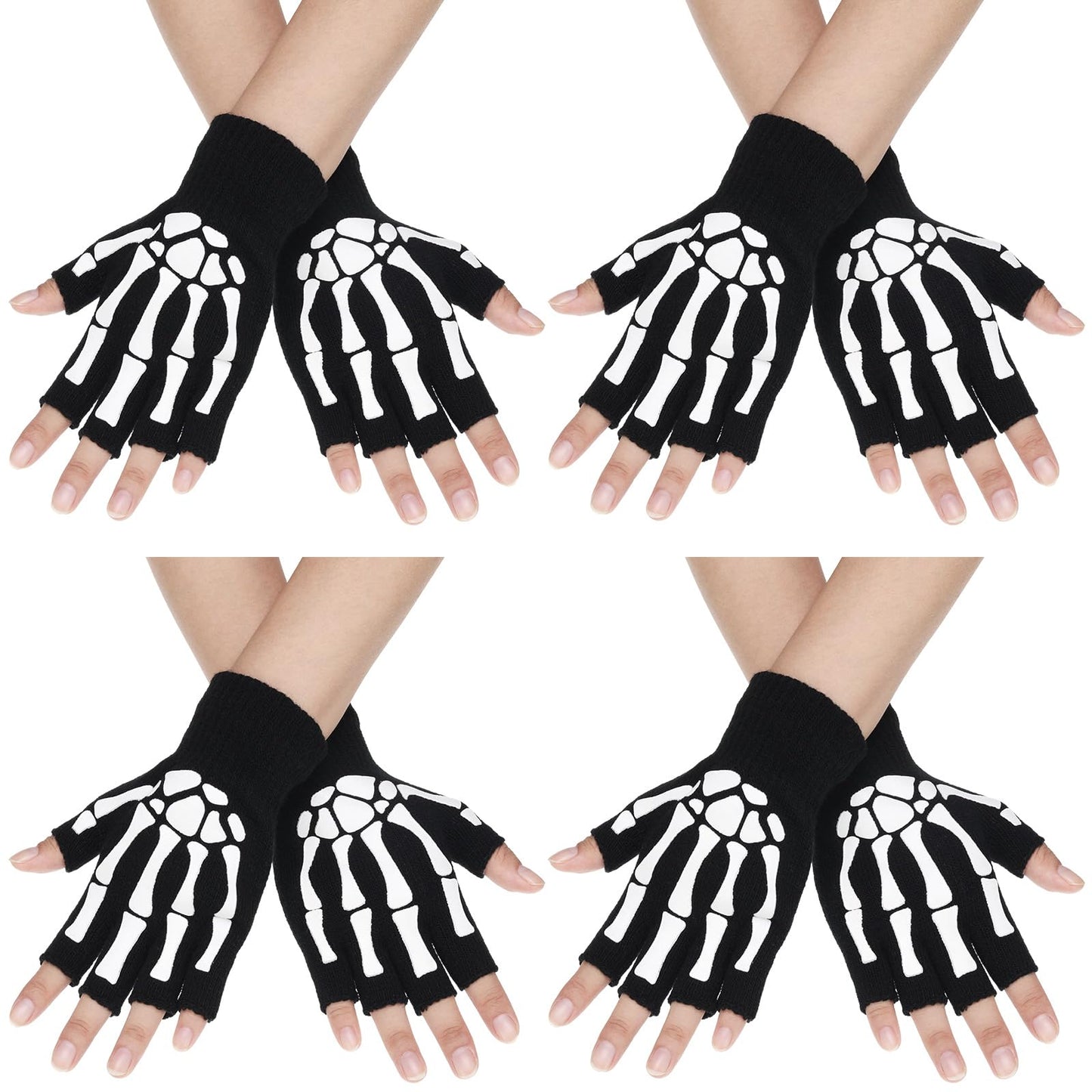 SATINIOR Skeleton Fingerless Gloves for Men Women Halloween Costume Skull Goth Bone Hand Glove Unisex Skeleton Gloves(4 Pairs)