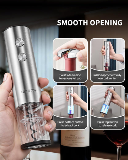 CIRCLE JOY Electric Wine Bottle Opener Set Stainless Steel Rechargeable Wine Opener 8-in-1 Wine Gift Set with Charging base, Foil Cutter, Wine Aerator Pourer, Vacuum Pump & 2 Wine Stoppers, Silver