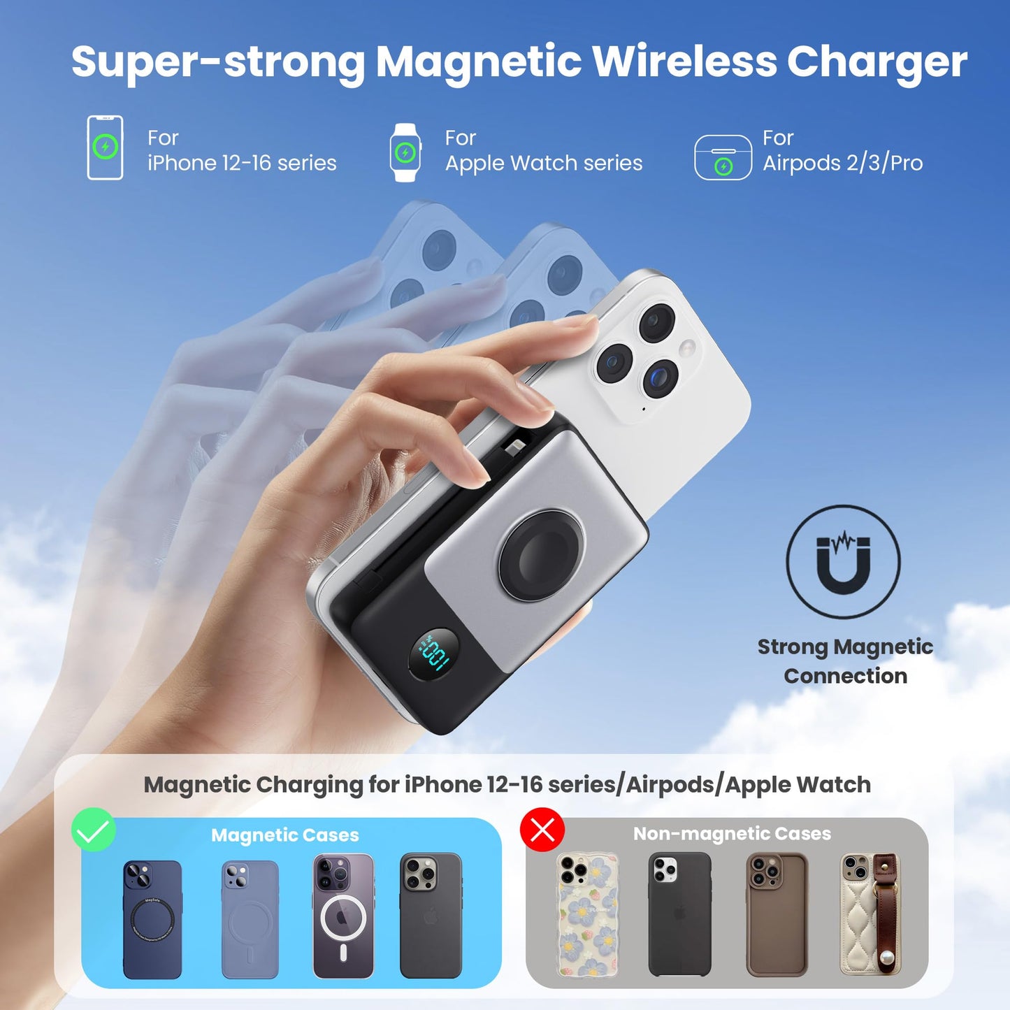 Magnetic Portable Charger 10800mAh for iPhone with Built-in Cables, 6-in-1 Wireless Power Bank with iWatch Charger, LCD Display 25W PD Fast Charging Battery Pack for iPhone 16/15/14/13/12, Apple Watch