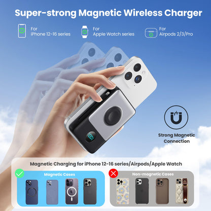 Magnetic Portable Charger 10800mAh for iPhone with Built-in Cables, 6-in-1 Wireless Power Bank with iWatch Charger, LCD Display 25W PD Fast Charging Battery Pack for iPhone 16/15/14/13/12, Apple Watch