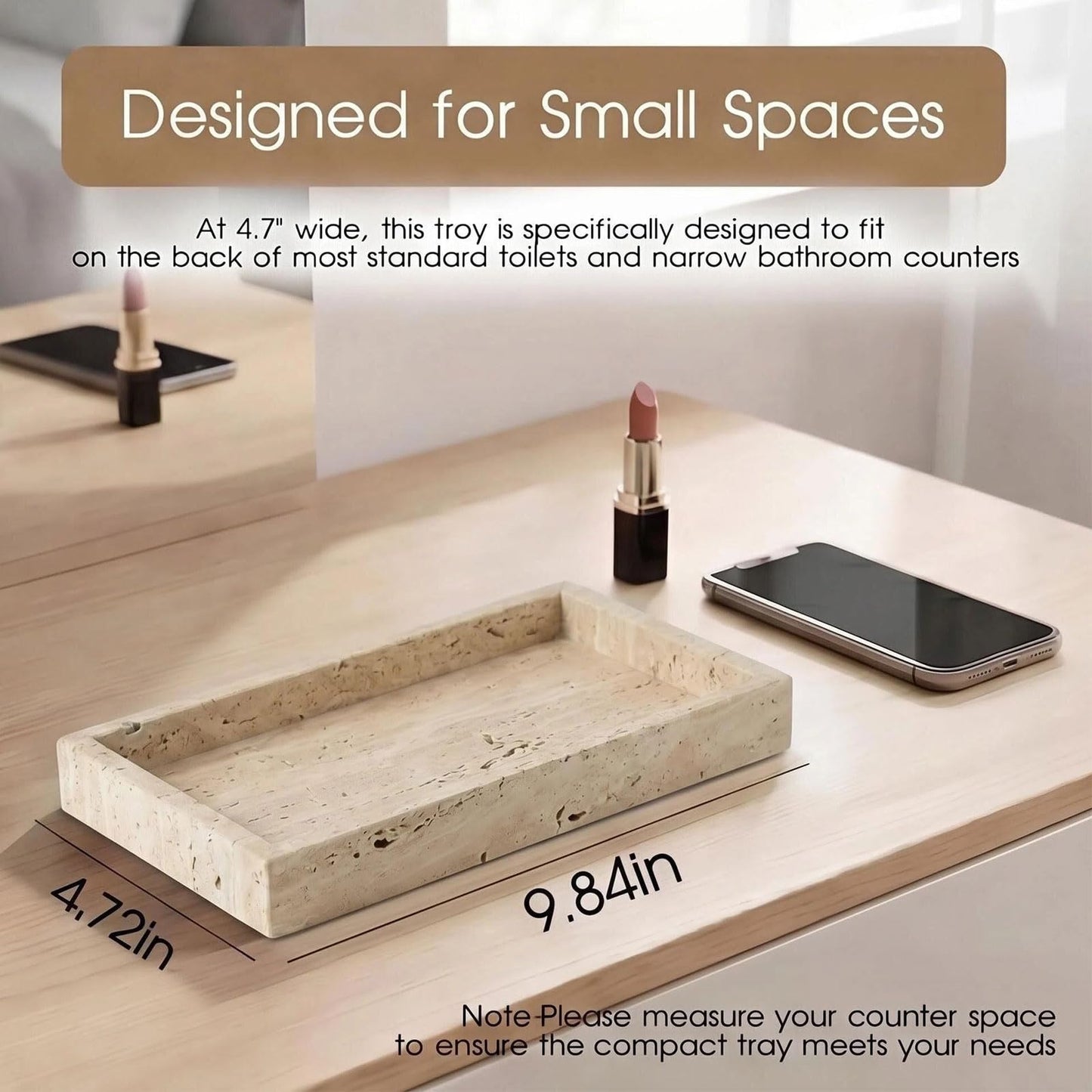 AUSAULAC Natural Travertine Tray Heavyweight Stone Vanity Tray for Bathroom Countertop, Coffee Table & Dresser - Handcrafted Rectangular Organizer(Beige Travertine, 9.84" x 4.72" x 1.18")
