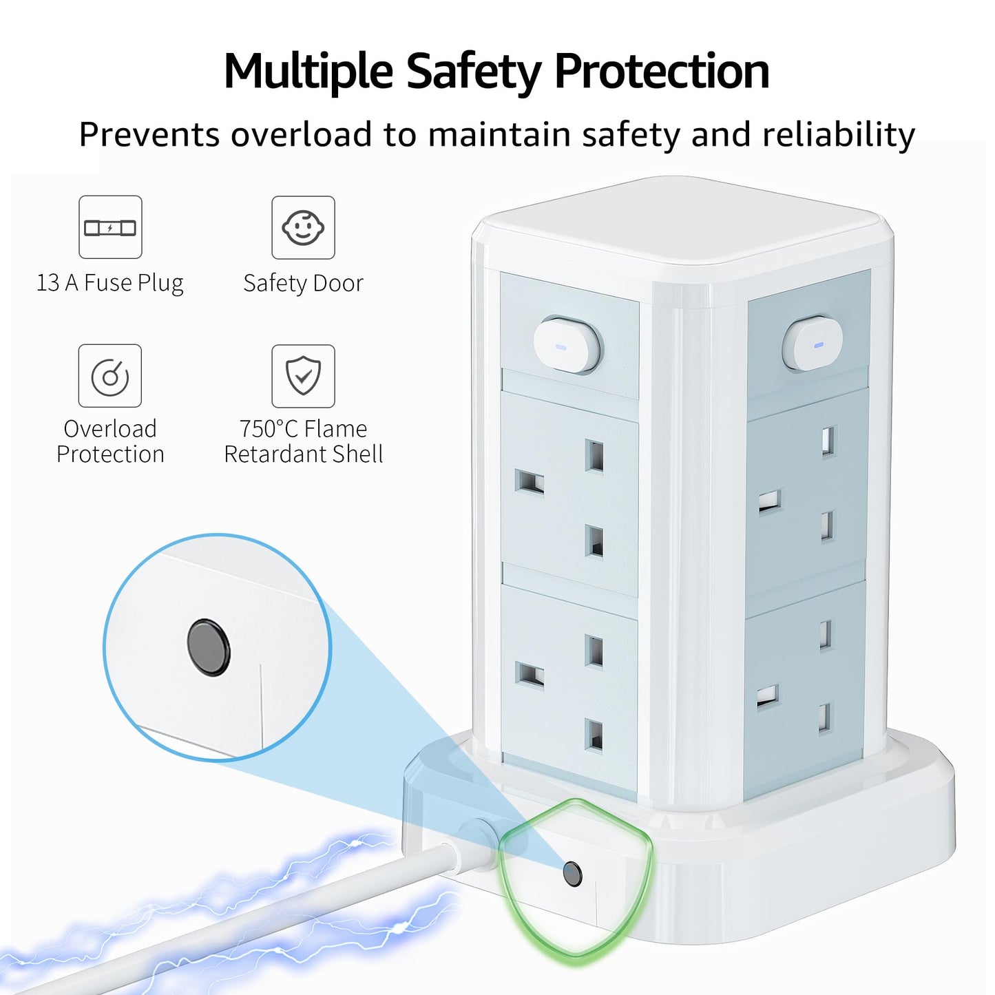 Tower Extension lead with USB Slots, Toomke 8 Way (13A/3250W) Plug Extension Socket Tower with 3 USB C and 3 USB A, Overload Protection Extension Cord with 4 Independent Switches, Power Cord 1.8M