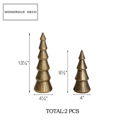 WONDROUS' DECO Christmas Tree Figurine Gold Wooden, Tree Figurines Decorative for Tabletop, Small Glittered Golden Xmas Trees Figurines for Christmas Mantle Indoor Decor