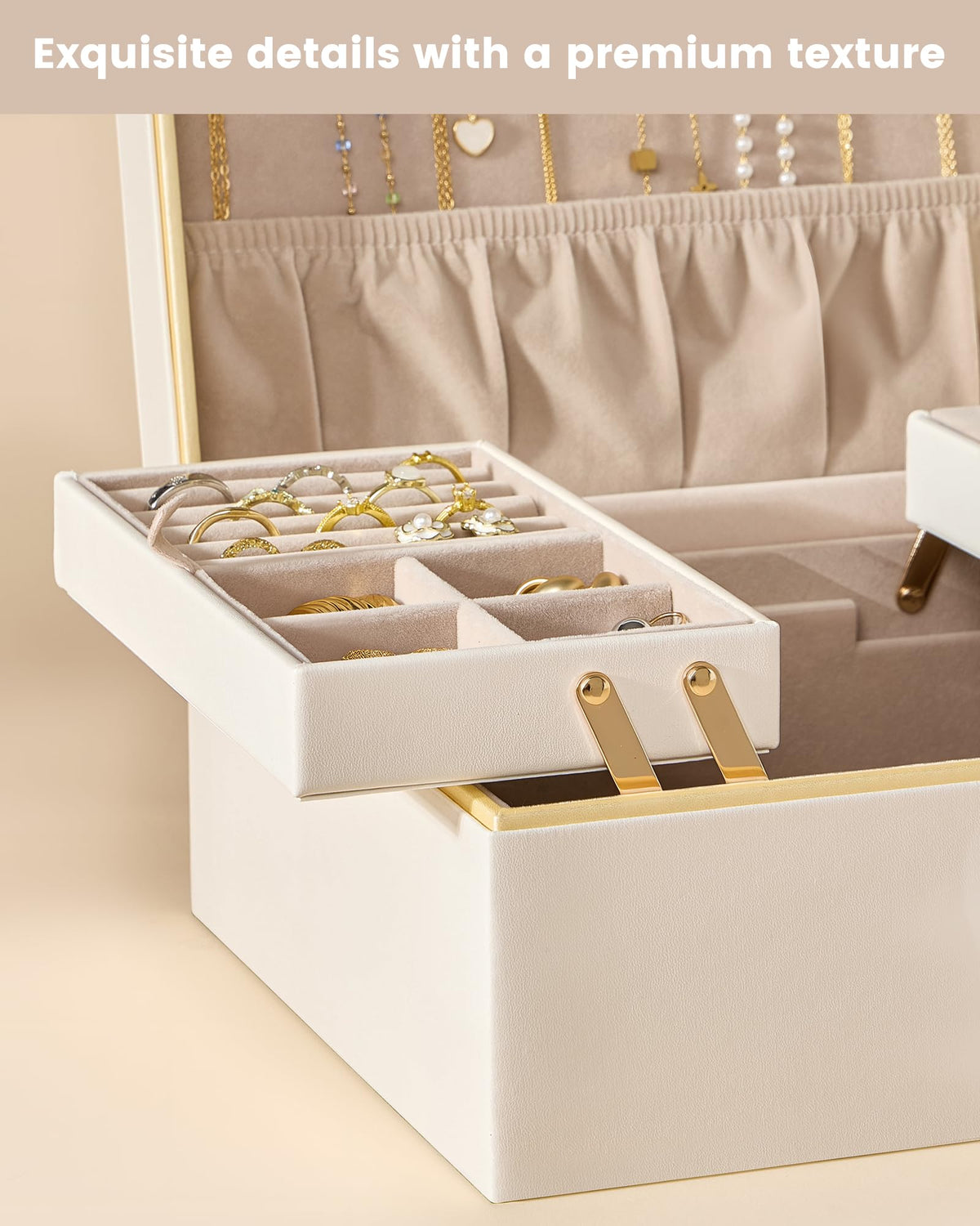 Lolalet Jewelry Box Organizer for Women Girls, 2 Layer Jewelry Organizers and Storage for Necklace Earrings Rings Bracelets, Large Jewellery Holder Case Birthday Valentine Gifts -Cream