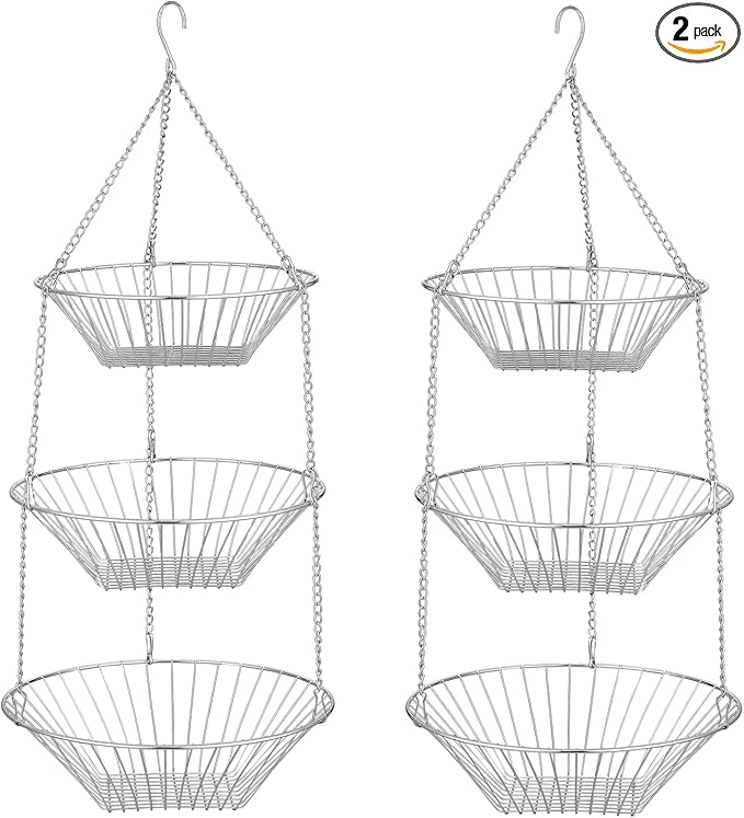 3-Tier Wire Fruit Hanging Basket 2 Packs, non-Punching Wall Hanging Storage