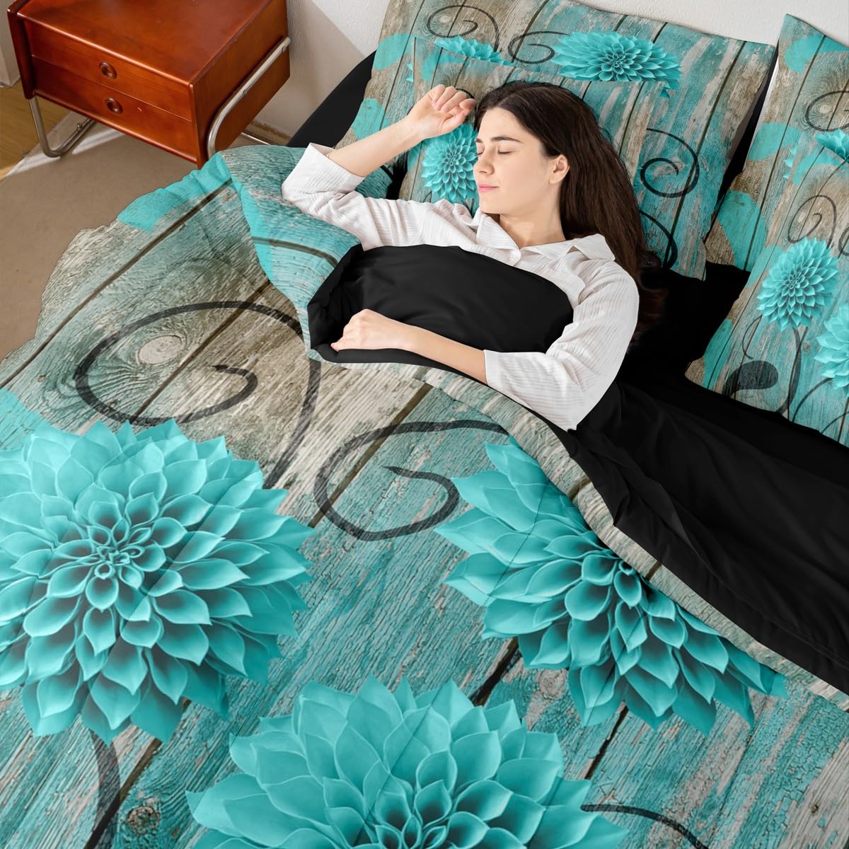 Erosebridal Teal Farmhouse Dahlia 7 Piece Comforter Set Queen | Daisy Floral Boho Bed in A Bag Turquoise Floral Sheet Set Breathable Lightweight Rustic Flower Abstract Fitted Sheet