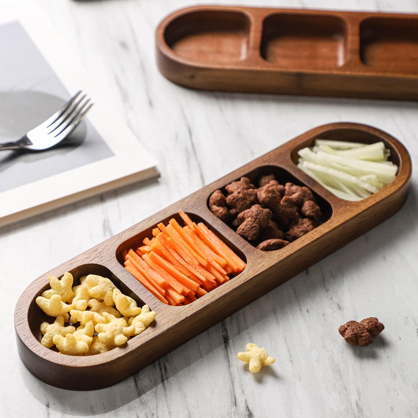 SmileBear 2 Pcs Soy Sauce Dish, Wooden Divided Dip Bowls, Korean 4-Compartment Sauce Plates for Home Restaurant BBQ, Vinegar, Spices, Ketchup, Salt, Sugar, and Flavors