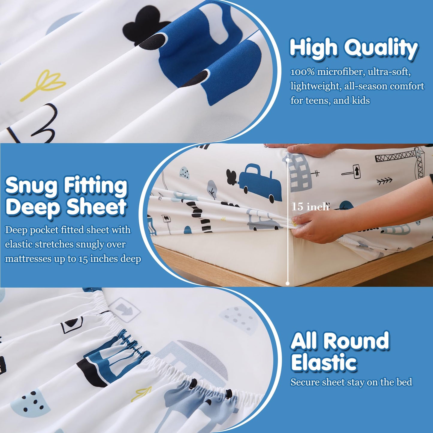 CIMVI Twin Bed Sheets Boys Kids Construction Car Sheet Set 15-Inch Deep Pocket Fitted Sheet Soft Microfiber 3 Pieces Bedding Sets with Pillowcase Fade Resistant Children Room Decor