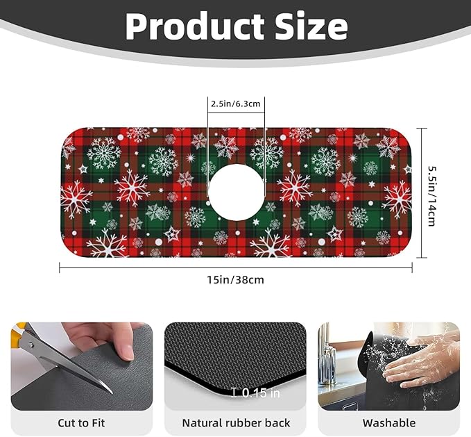 Merry Christmas Snowflakes Red Green Lattice Plaid Kitchen Sink Splash Guard