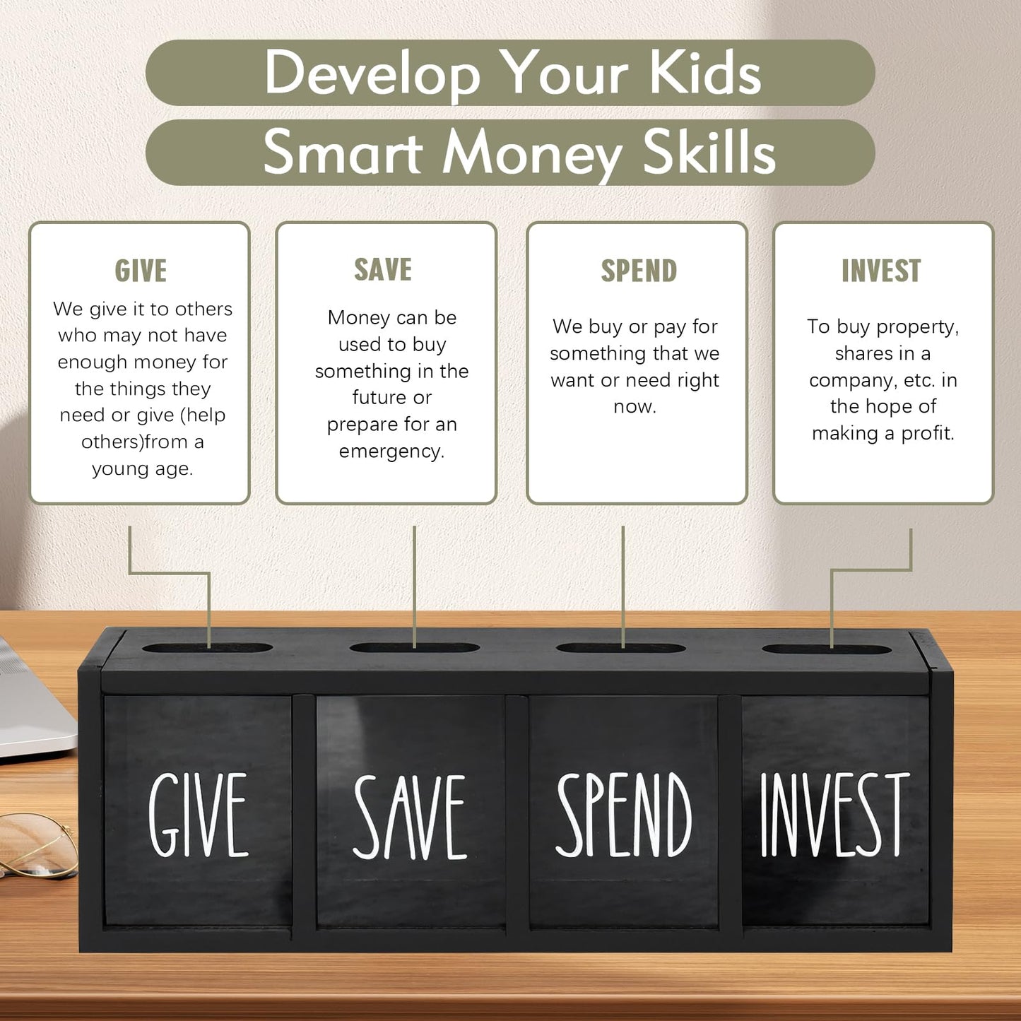 Wooden Give Save Spend Invest Money Saving Box for Kids, Countertop Kid Piggy Bank for Daily Cash, Wall-Mount Kids Banks for Bills and Coins, Visualized Piggy Bank for Living Room, Laundry Room