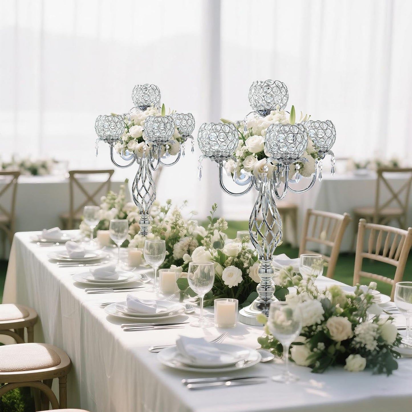 Kehail 5-Arm Crystal Candelabra Centerpiece 23.2" Tall - Elegant Candle Holder Stand with Crystal Bowl, Chic Table Decor for Weddings, Parties, Anniversary & Home Decoration (2, Silver)