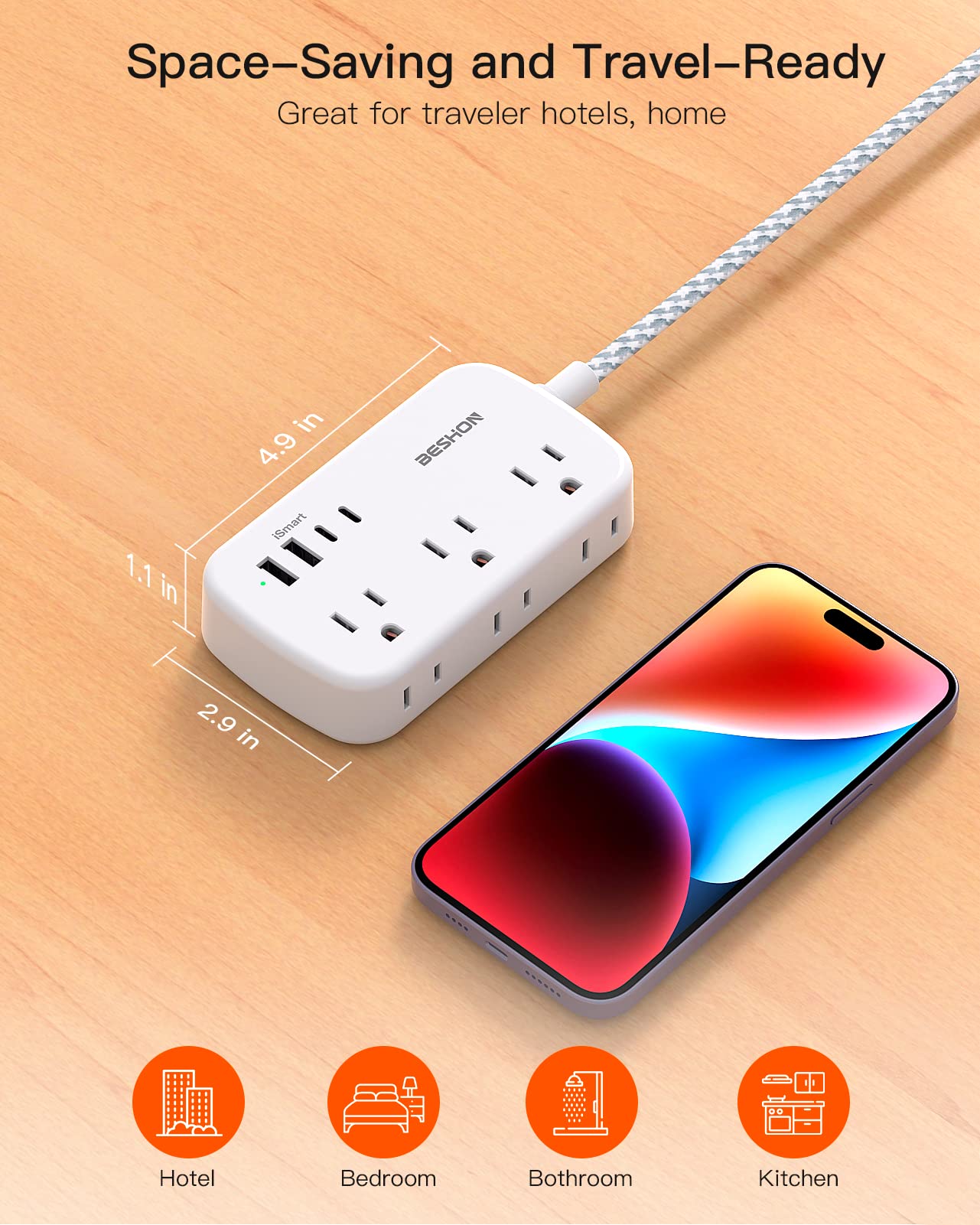 Flat Extension Cord, BESHON 5FT Flat Plug Power Strip with USB C, 6 Outlets 4 USB Port(2 USB C), No Surge Protector, Cruise Ship, Dorm Room Travel Essentials