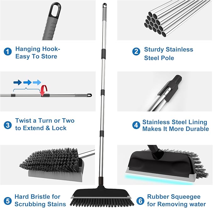 ITTAR Floor Scrub Brush with 55" Long Handle, Stainsless Steel Pole Heavy-Duty