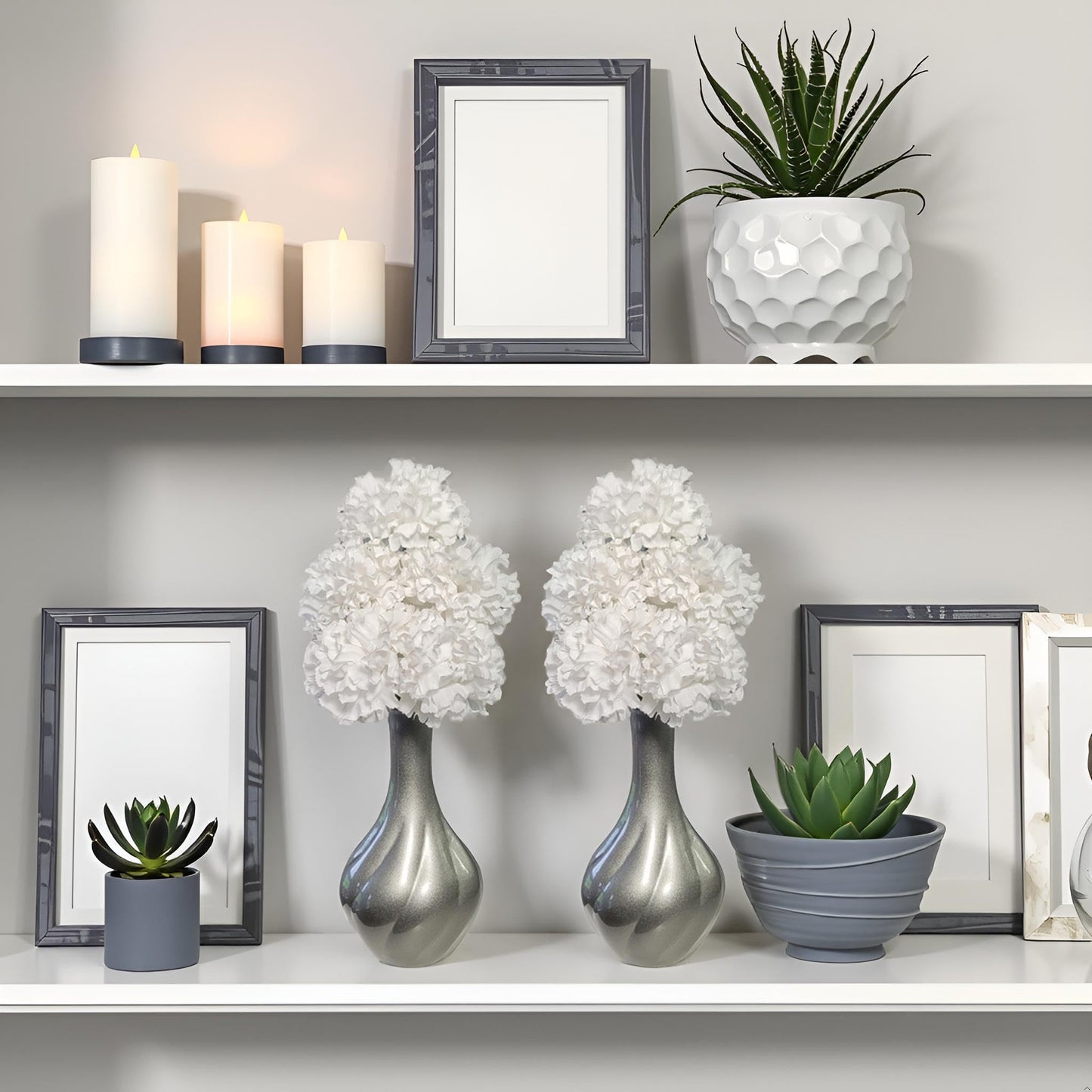Flourish Vase with Artificial Flowers - Silver Grey and White, Pre-Arranged - Perfect for Home Decor and Living Room Decoration, Bedroom or Bathroom Ornament