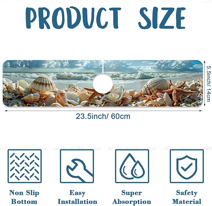 Beach Sink Splash Guard Shells Starfish Waves Faucet Absorbing Mat Fast Drying