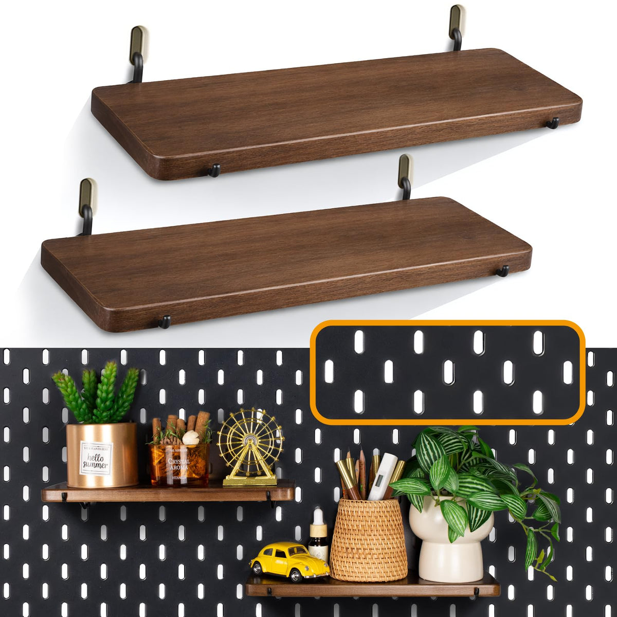 SEMPOMA 2 Pack Walnut Color Pegboard Shelf, Peg Board Organizer Accessories, Compatible with IKEA Skadis Pegboard for Home Office, Craft Room, Gaming