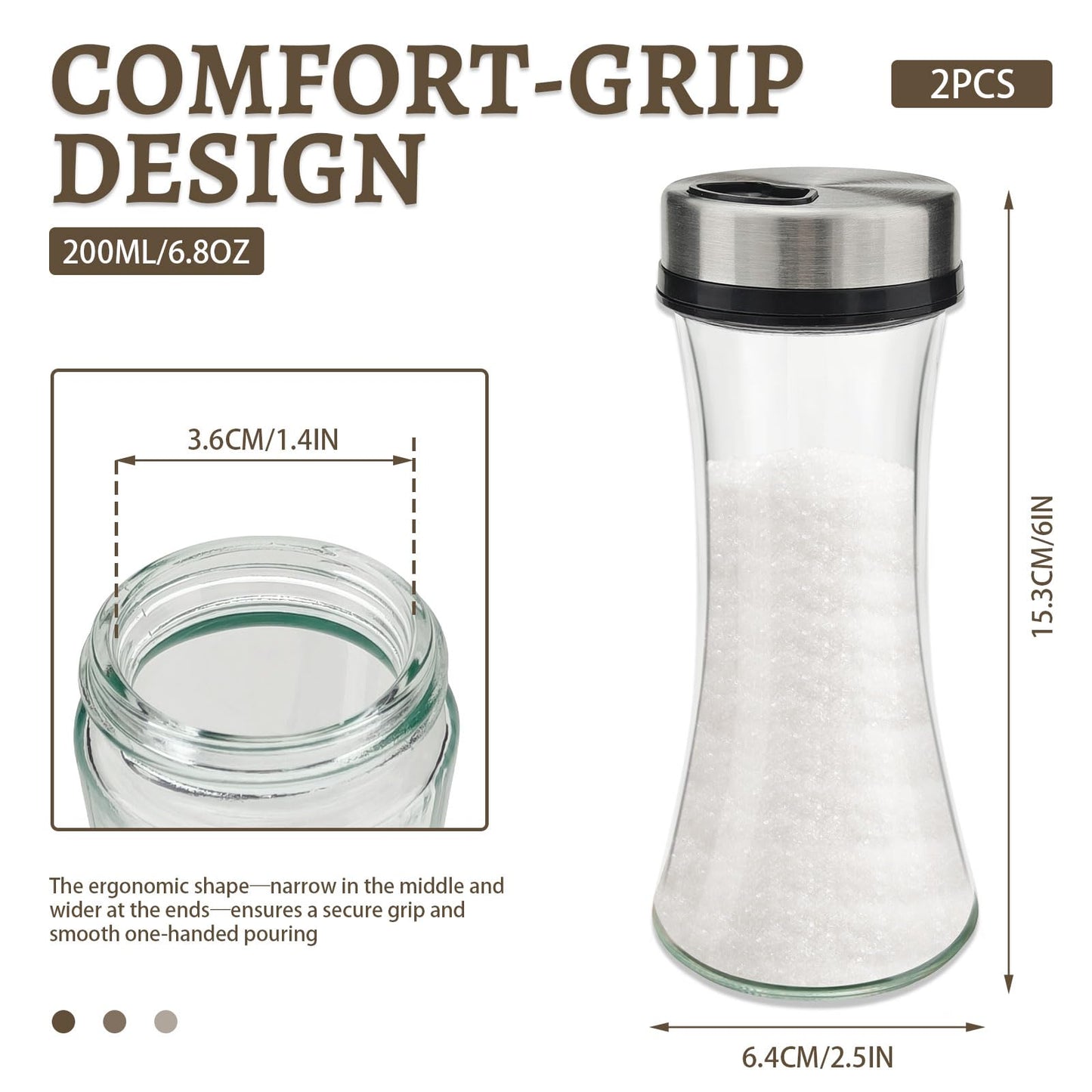Realand 2 Pack Sugar Dispenser with 3 Adjustable Pour Spout, 6.8oz Glass Sugar Shaker Pourer Jar for Coffee Bar & Station, Airtight Salt and Pepper Shakers Spice Container