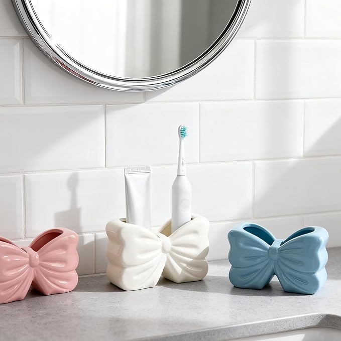 Bow Toothbrush Holder ， 2-Slot Toothbrush and Toothpaste Holder Cute Toothbrush