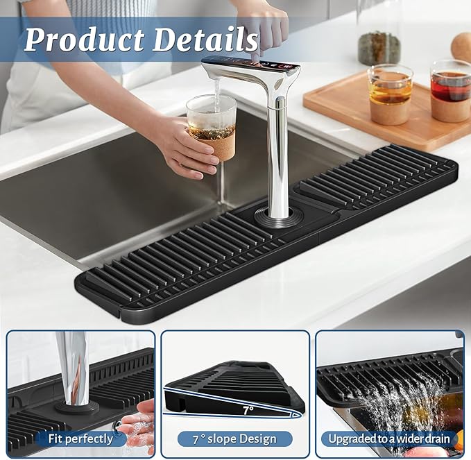 PoYang 24 inch Faucet Mat for Kitchen Sink Splash Guard, 7° Slope Silicone Sink