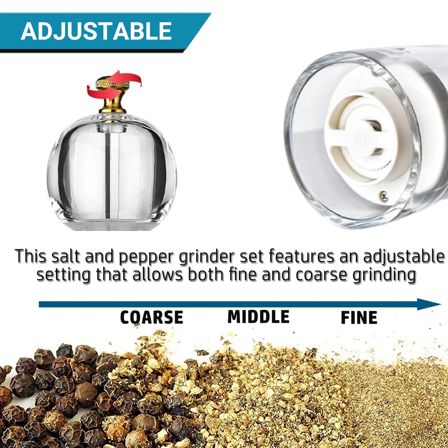 Salt and Pepper Grinder Set, Pepper Mills Classic Manual Transparent Acrylic Rotor, 2PCS 8IN Large Capacity Pepper & Salt Grinder Seasoning Bottle, Ceramic Core Adjustable Coarseness for Fresh Spices