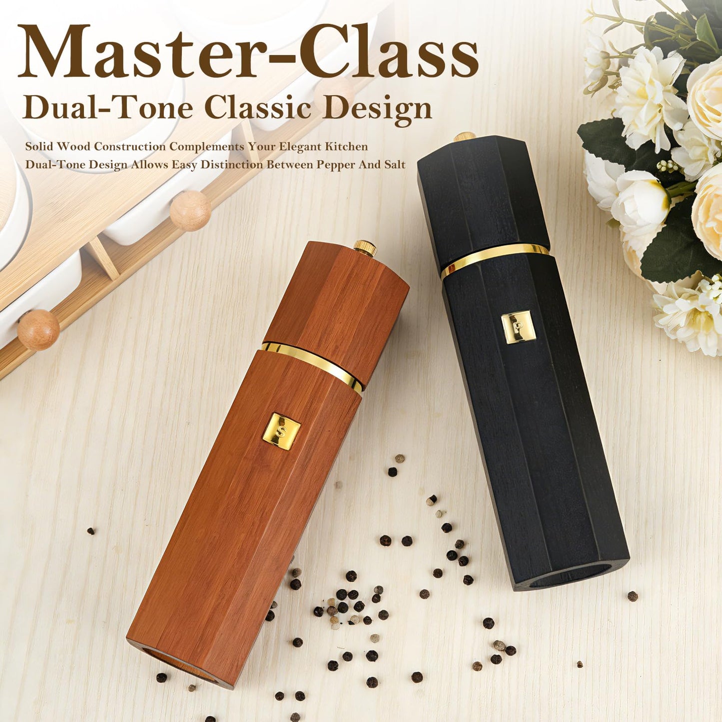 Fewuto Solid Wooden Salt and Pepper Grinder Set - Adjustable Ceramic Grinder Refillable Manual Mill Natural Wood Finish, 8 Inch Kitchen Dining Table Essential Birthday Gift 2 Pack