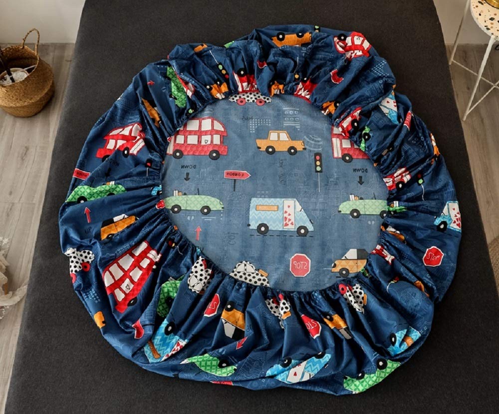 NATURETY Bedding Fitted Sheet with Deep Pocket,Thicken Printed Fabric Bed Sheets (Navy Blue(Cars), Queen)