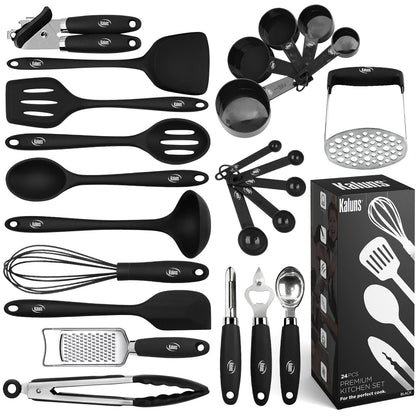 Kaluns Silicone Kitchen Utensils Set 24 Pcs Silicone Cooking Utensils Set - Can Opener, Masher, Turner, Spatula 446°F Heat Resistant Non-Stick - Premium Utensil Set