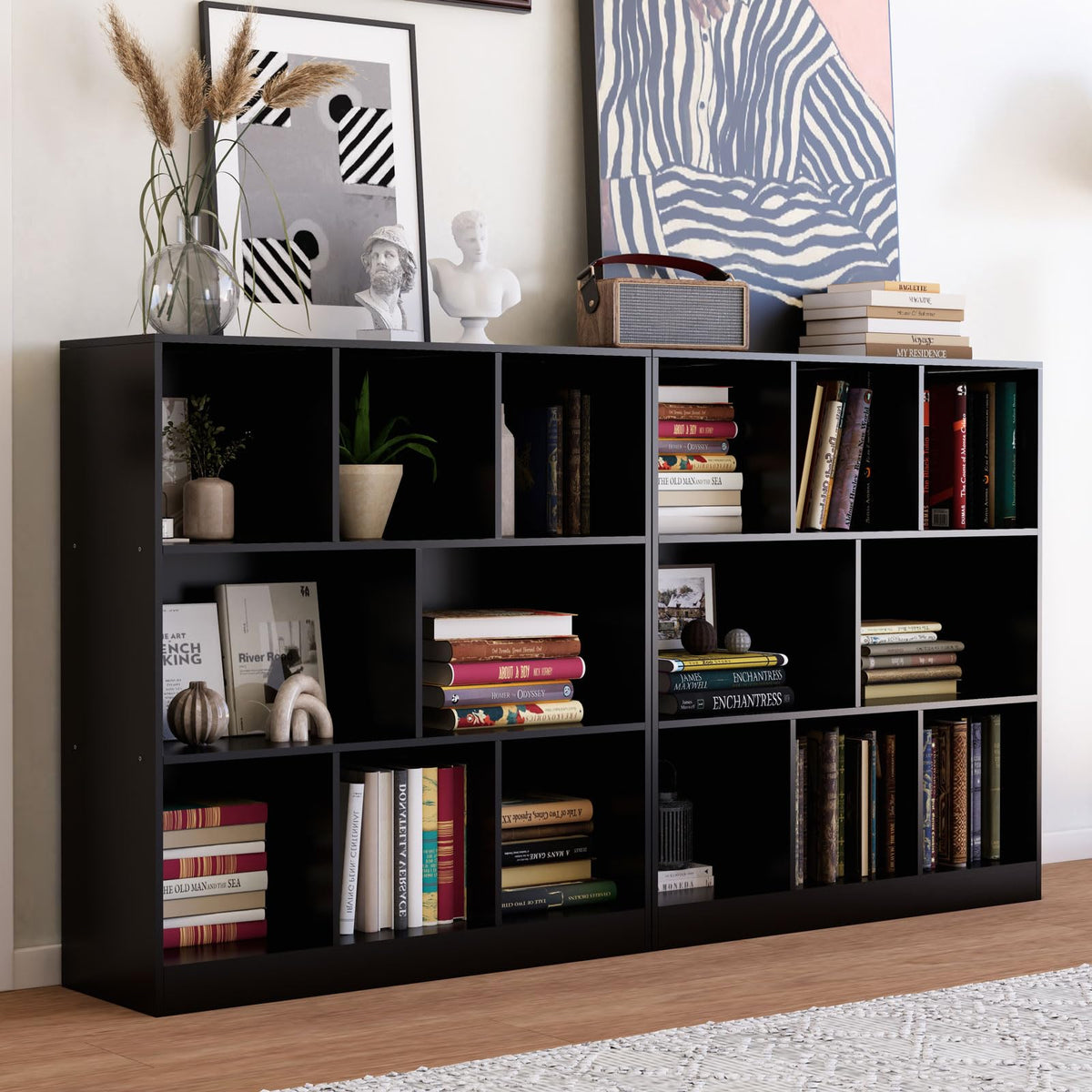 NewBeth Black Bookshelf, Wooden Bookshelf with Base, Cube Storage Organizer, Bookcase for Living Room,Bedroom,Study and Office (Black, 8-Cube)