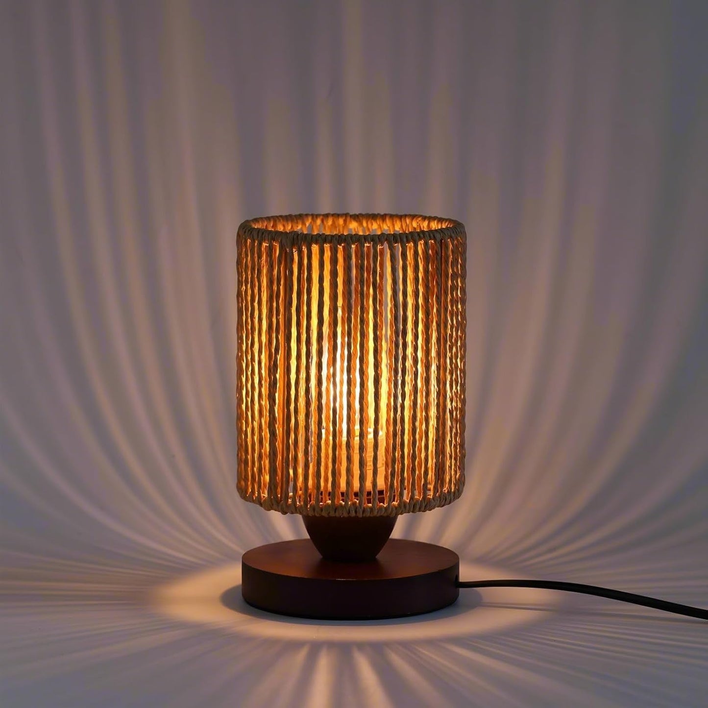 DKCONONY Small Rattan Table Lamp for Bedroom, Boho Bedside Lamp with Warm LED Bulb, Handwoven Wicker Nightstand Lamp for Nursery, Entryway & Dorm, Mini Ambient Night Light with Wood Base (8.6" Tall)