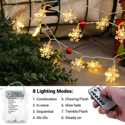 BrizLabs Snowflake Lights, 40 LED 16.08ft Christmas Lights with Remote, Twinkle Snowflake String Lights Battery Operated, 8 Modes Xmas Light Waterproof for Outdoor Indoor Tree Room Decor, Warm White