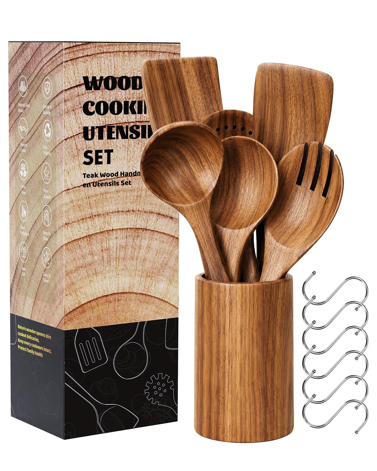 Noarsen 7 PCS Natural Solid Teak Wooden Kitchen Utensil Set with Holder
