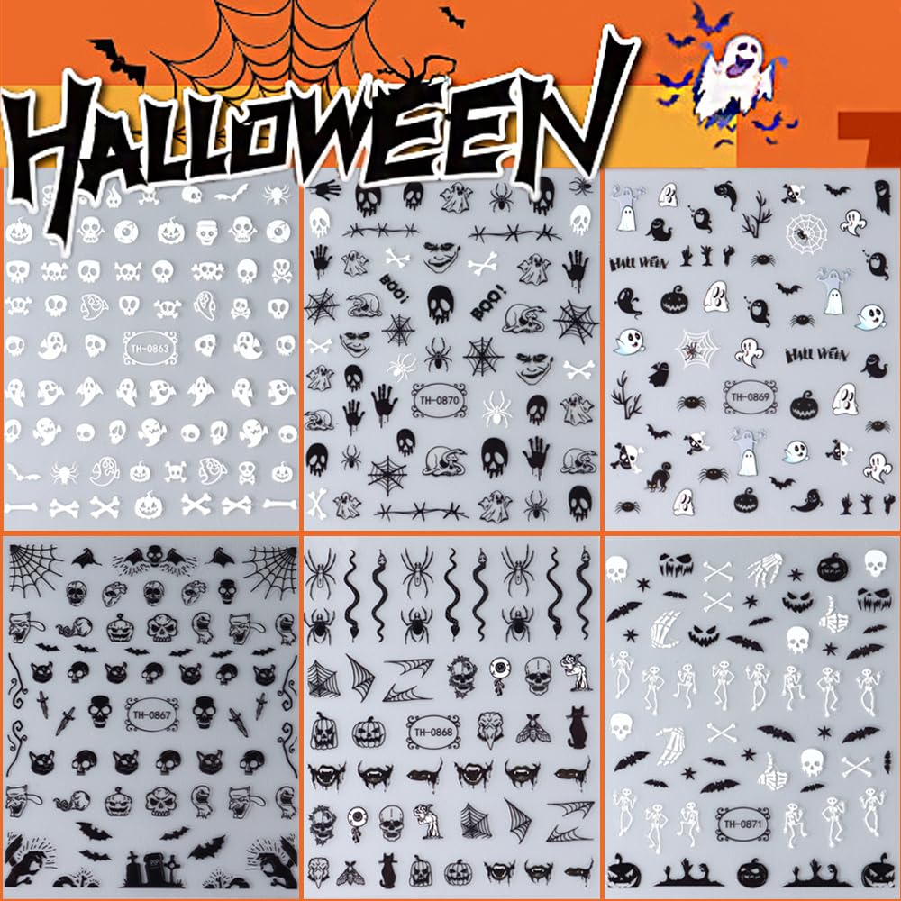 Halloween Nail Stickers, 6 Sheets Black Ghost Nail Decals 3D Self-Adhesive Small Horror Pumpkin Witches Bat Ghost Spider Halloween Pattern Black White Holiday Nail Art Design for Women Kids