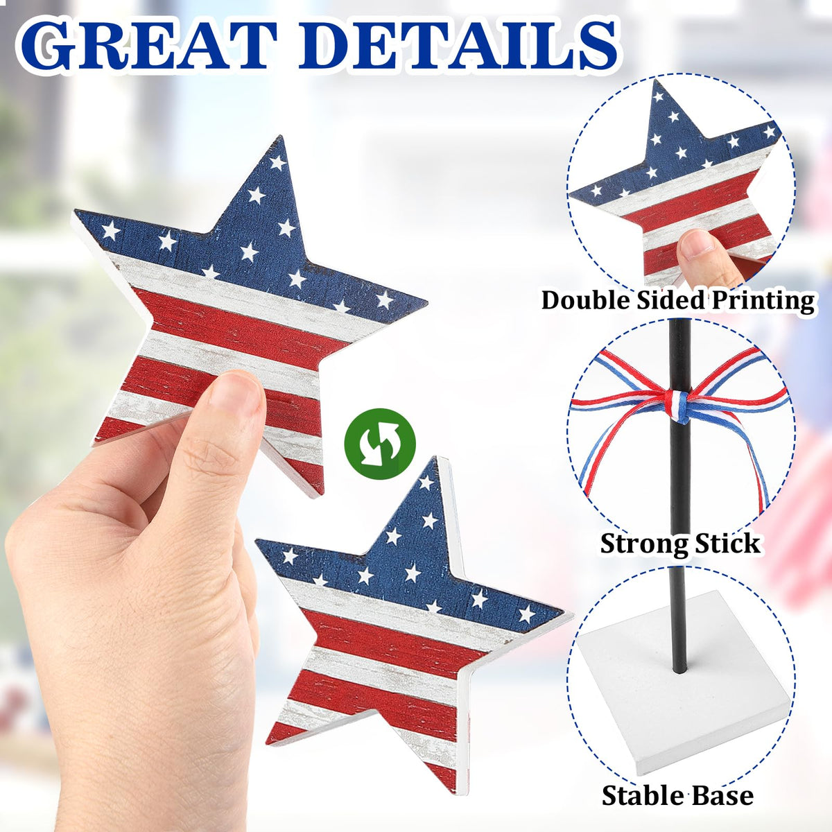 4th of July Tiered Tray Decor Wooden Star Set, 3 Pcs Memorial Day Table Decorations, Rustic Patriotic Tabletop Home Decor, Red White and Blue Decorations for Home (Retro)
