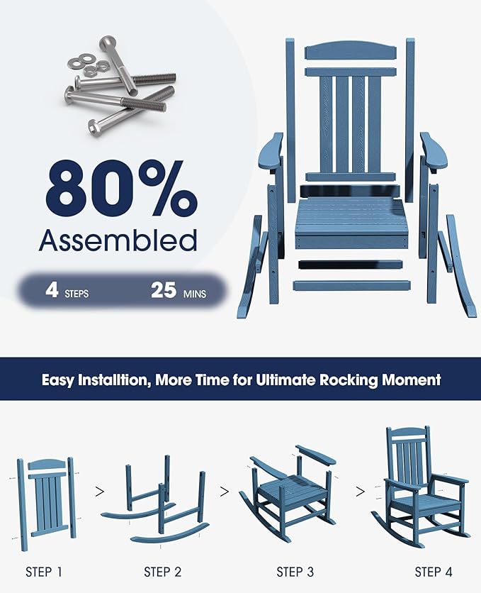 KINGYES Oversized Patio Rocking Chair Set of 2, High Density Polyethylene Outdoor Rocking Chairs with 330lbs Support for Adults, Navy