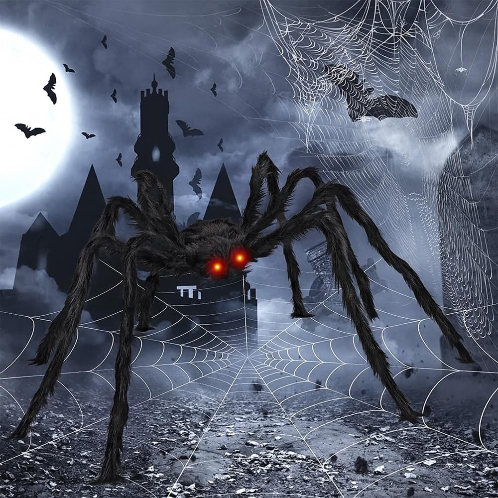 GHYKL Halloween Giant Spider 5 Ft Outdoor Halloween Decorations Large Fake Hairy Spider Scary Furry Spider Props Outside Yard Creepy Decor, Black