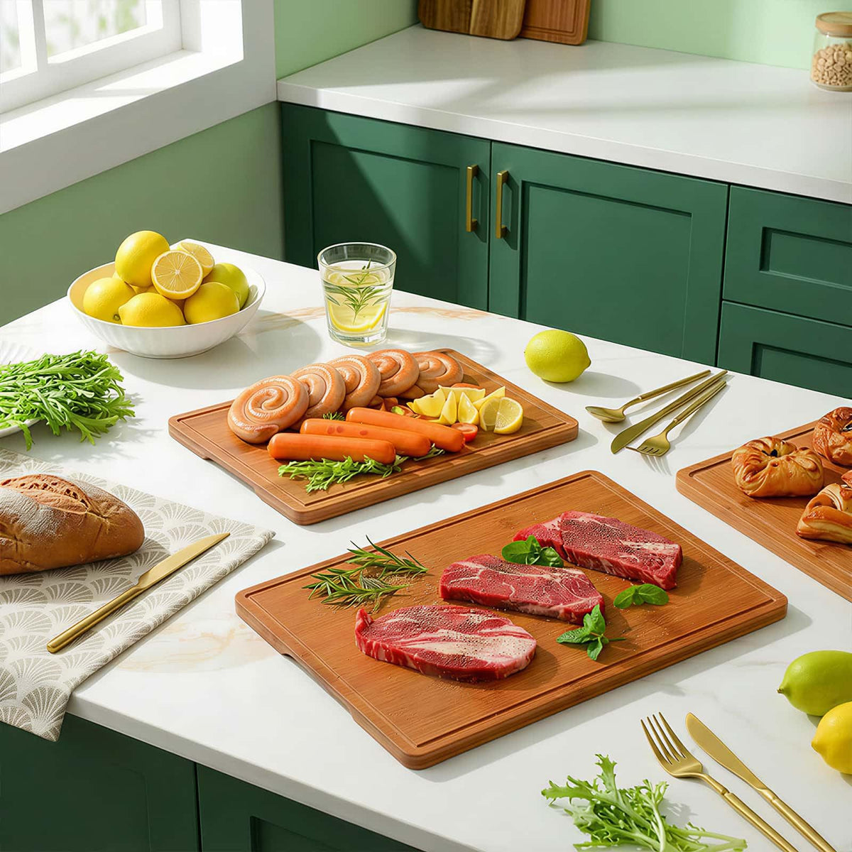 Zarler Bamboo Cutting Boards for Kitchen, Wood Cutting Board with Juice Grooves and Handles, Wooden Chopping Board Set for Meal Prep, 500℉ Carbonized Bamboo, XL Size, Ideal Kitchen Gift