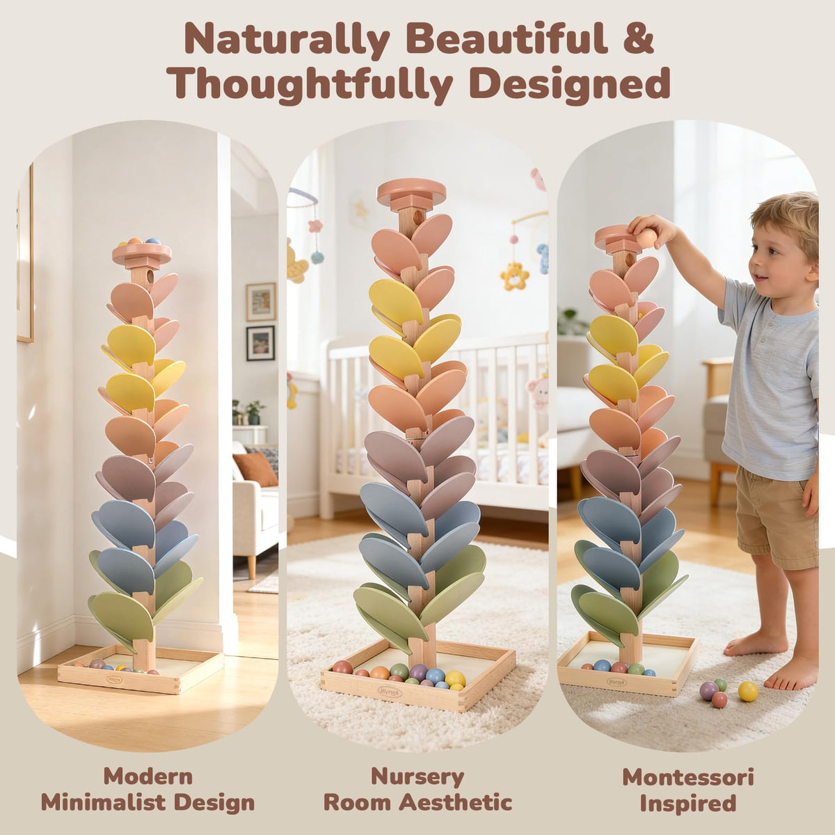 Joyreal Wooden Marble Run Music Tree for Kids 3-5 4-8, Montessori Wooden Ball Drop Toy, Rainbow Marble Tree Tower with Sound Leaves, Educational Learning Birthday Gift