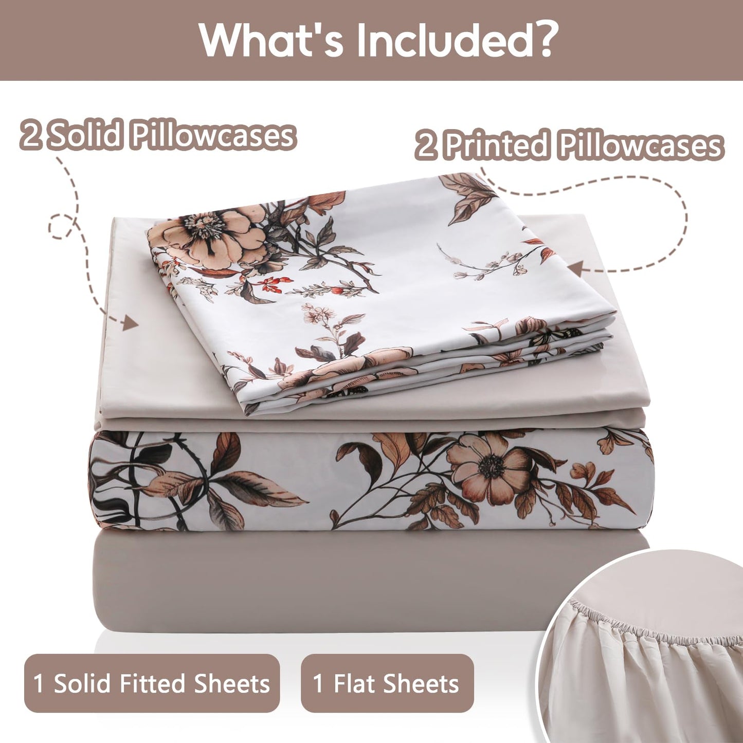 LONAVA Floral Queen Size 6 Pcs Sheet Set, Breathable Microfiber Deep Pocket Light Grey Fitted Sheets, Comfy & Breathable Patterned Flat Sheets,4 Gentle Soft Pillowcases, Withered Flowers