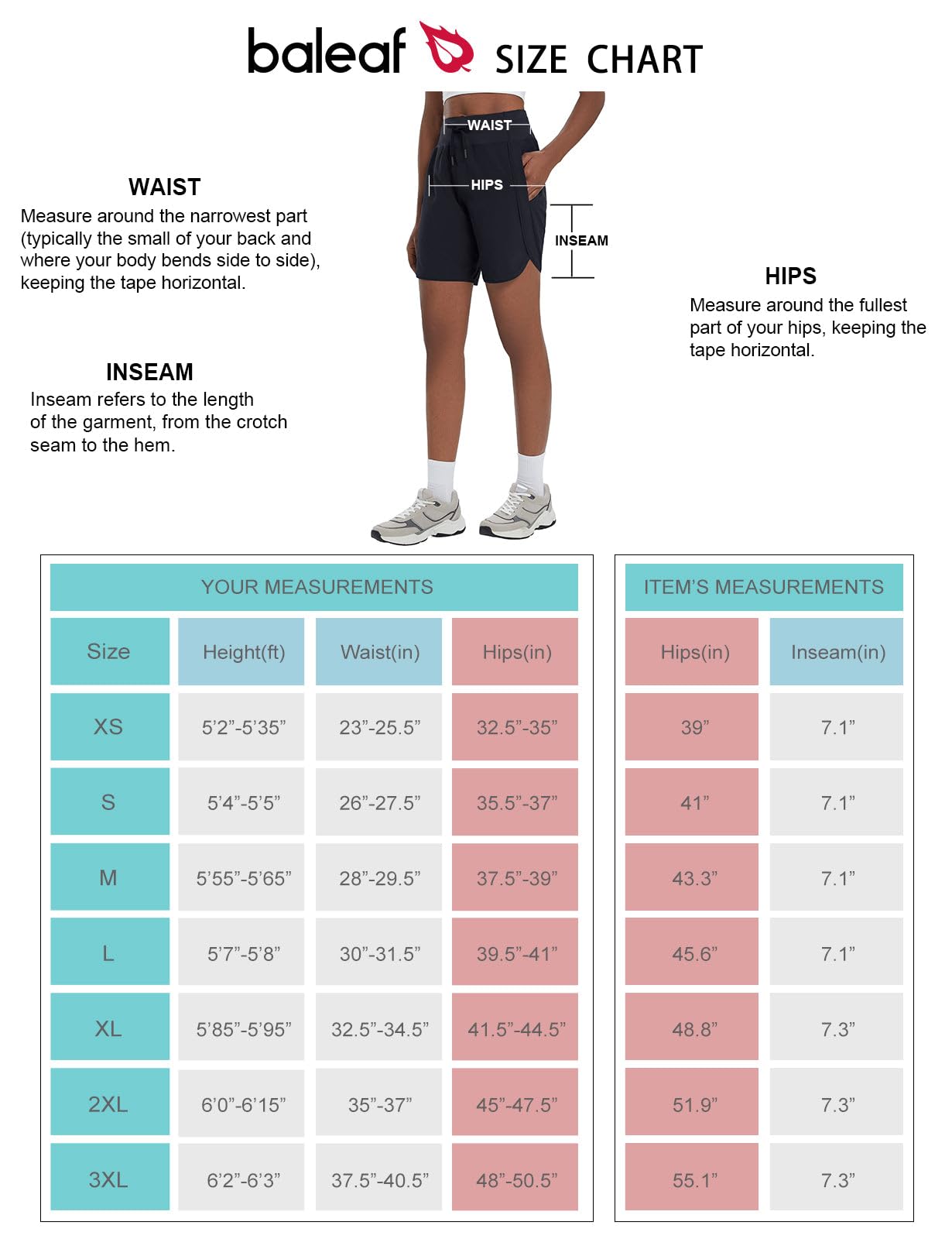 baleaf Women's 7" Long Running Shorts Athletic Workout Gym Quick Dry Hiking Shorts High Waisted Zipper Pocket Black L