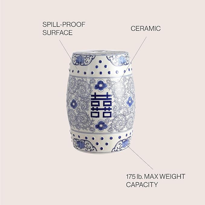 JONATHAN Y TBL1013A Double Happiness 18" Chinoiserie Ceramic Drum Indoor/Outdoor Garden Stool Bohemian, Coastal, Classic, Cottage, French Country, Traditional, Bathroom, Garden Room, Patio, Blue/White