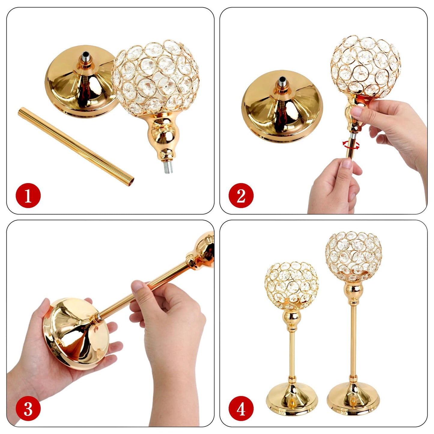 UCEHIPAW 5 Pack Golden Crystal Candle Holders Table Centerpieces with Rectangular Mirror Tray Elegant Tea Light Candelabras for Dining Room Decoration Wedding Holiday Birthday Party