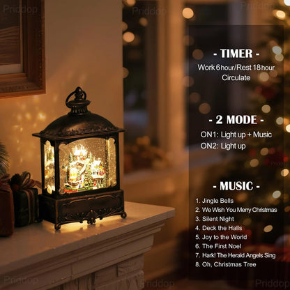 Priddop Christmas Snow Globe Lantern Christmas Decorations Gifts Snowy Village Scene Snowman Church Cabin Train Musical Glitter Snowfall USB/Battery Timer 12 inch