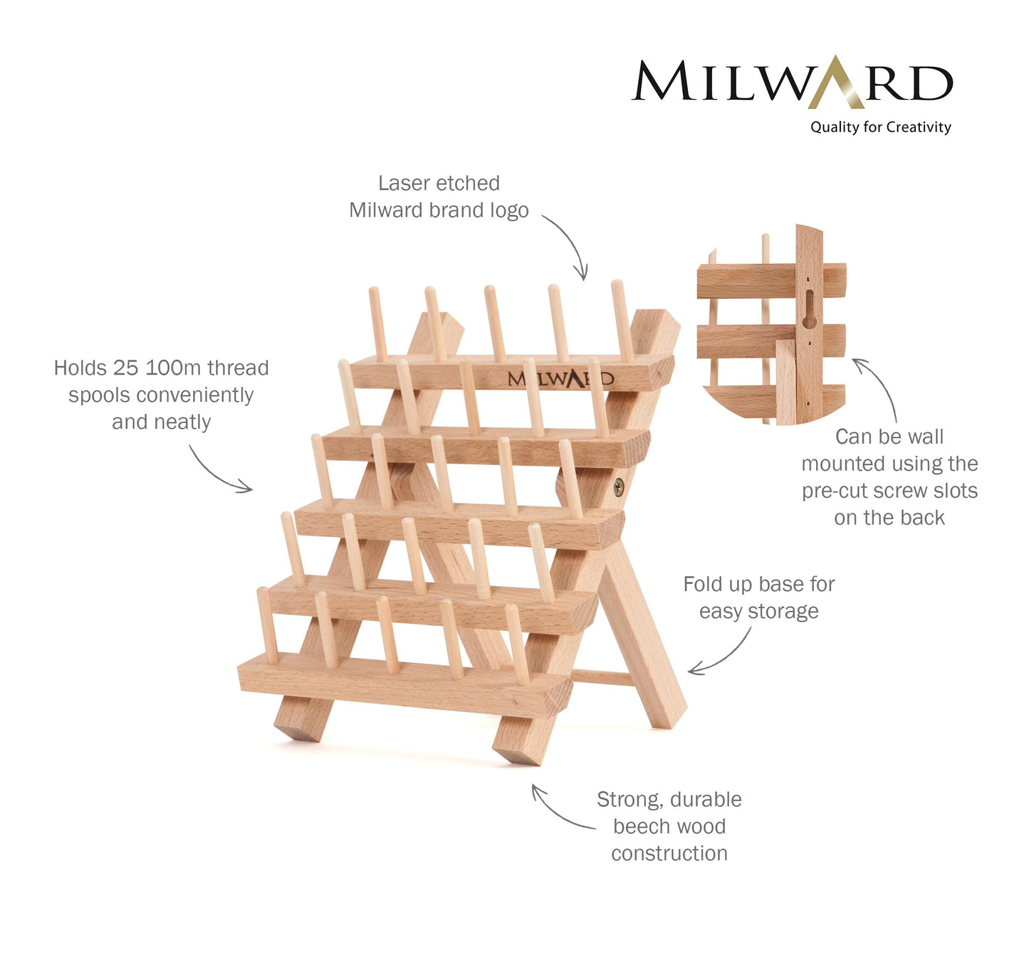 MILWARDS 2511423 Holder: 25 Spools: Beech Wood, 14.5 x 15.5 x 18cm