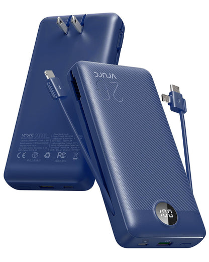 VRURC Portable Charger 20000mAh, Fast Charging Power Bank USB C,4 Output 2 Input Travel Essentials Charging Bank Equipped with LED Display,Built-in Wall Plug and Cables,Phone Charger Battery,Navy