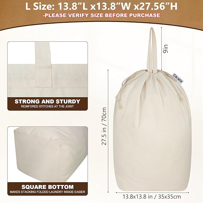 Canvas Laundry Bags with Handles & Square Base 13.8"Lx13.8"Wx27.6"H, Large
